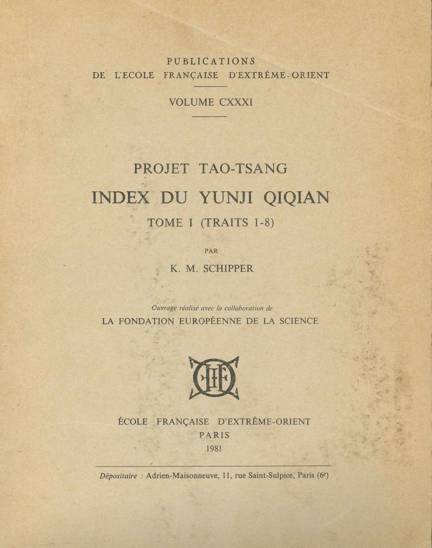 Projet Tao-Tsang Index du Yunji Qiqian(2 volumes)